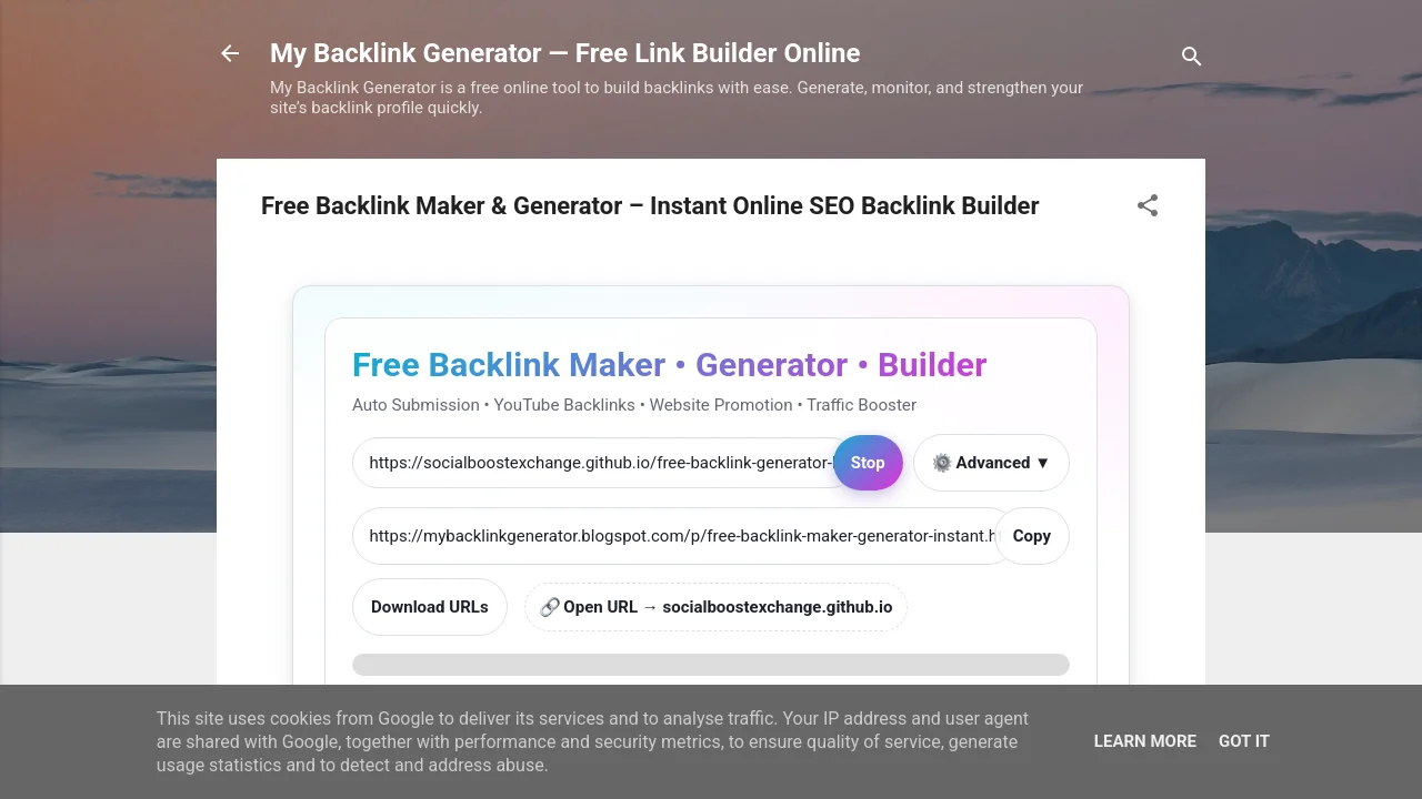 https://mybacklinkgenerator.blogspot.com/?https://SocialBoostExchange.github.io/free-backlink-generator-builder-online/bulk-website-link-creation-and-optimization-tool.html/